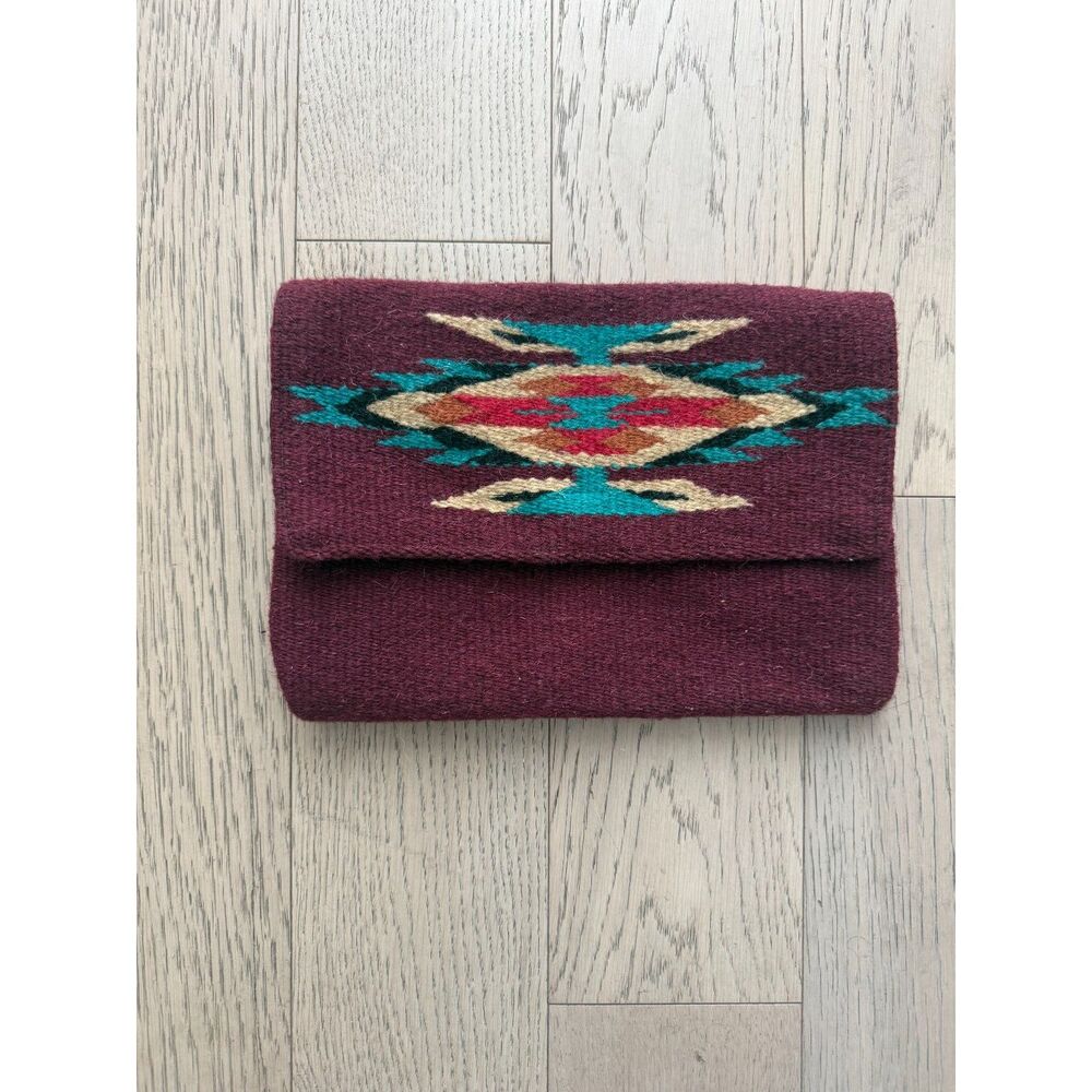 Southwestern Wool Woven Clutch Burgundy Turquoise Geometric Snap 11" x 8"